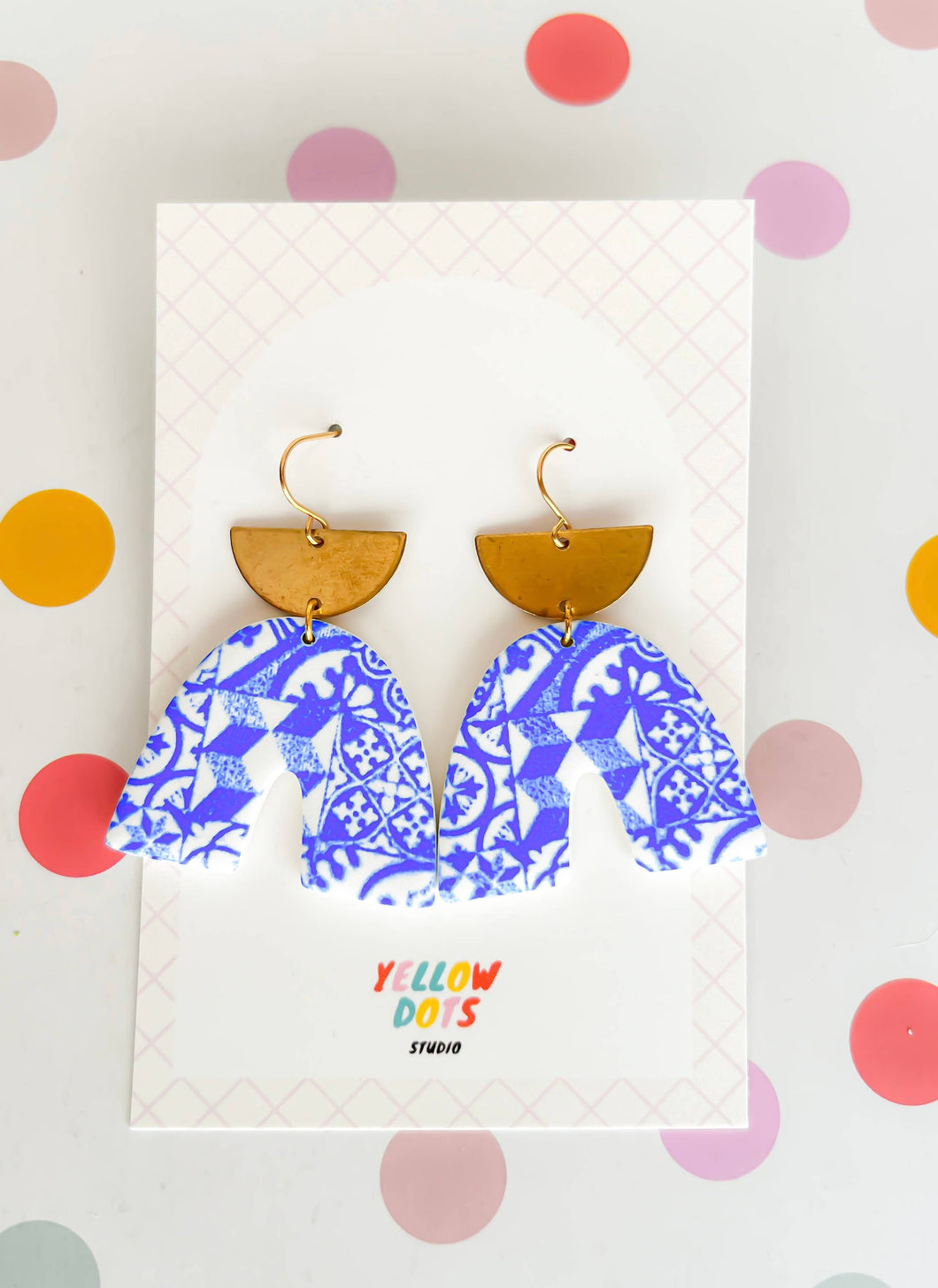 Cora - Blue Portuguese Tile Pattern Clay Arch Earrings